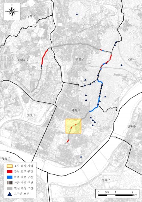서울 아차산장성 지표조사 현황도 및 시굴조사 대상지역