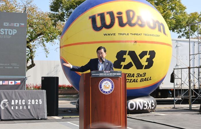 주낙영 경주시장이 11일 열린 KXO 3x3 경주 STOP 대회에 참석해 인사말을 하고 있다