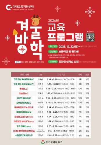 동구 미래교육지원센터, 겨울방학 초·중학생 맞춤형 교육 프로그램 운영