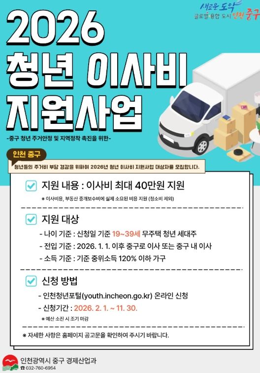 인천 중구, 이사비 최대 40만 원 지원