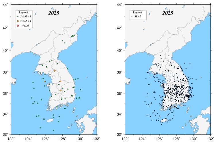 2025년 지진 발생 분포도(왼쪽: 규모 2.0 이상, 오른쪽: 규모 2.0 미만)