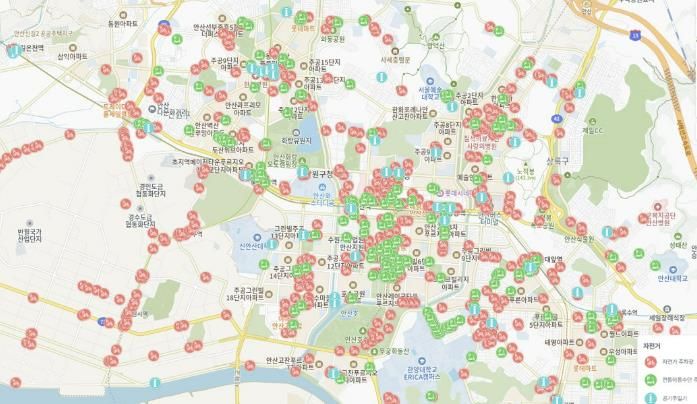 안산시 생활정보지도에 표시된 '자전거 편의시설 위치정보' 사진
