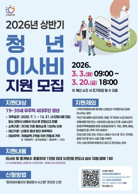 안양시, 청년가구 이사비 최대 50만원 지원…20일까지 신청 가능
